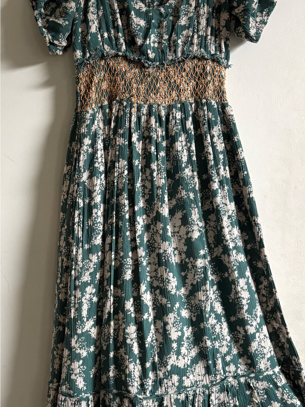 Dex Green and White Floral Maxi Dress with Gold Smocked Waist Size M